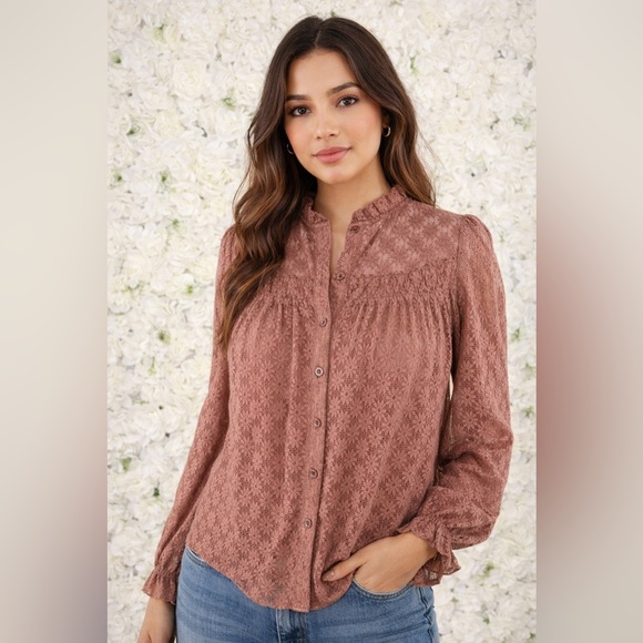 PrettyGarden Tops - Pretty Garden Lace Button-Up Blouse Brown Large